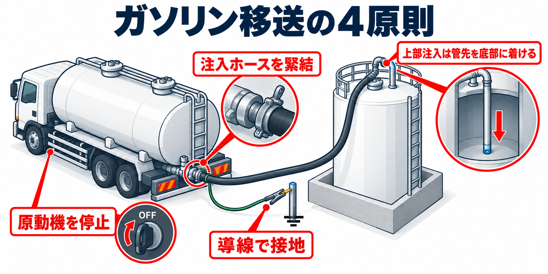 危険物：ガソリン移送の4原則のアイソメ図解