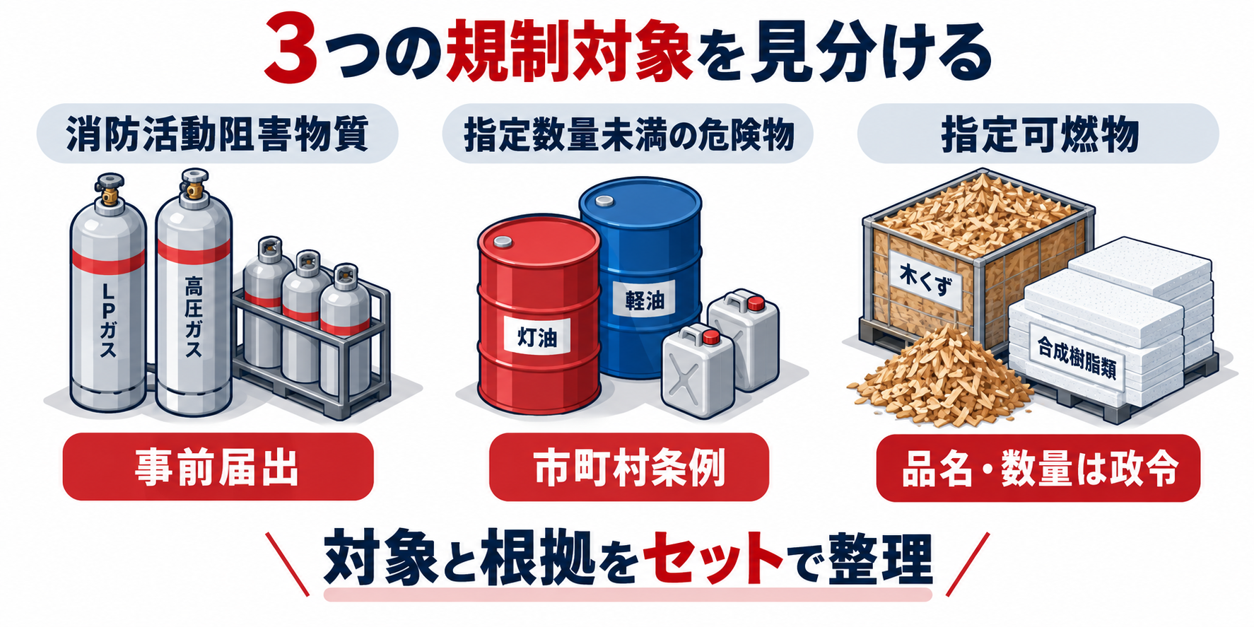 危険物：3つの規制対象を見分けるのアイソメ図解
