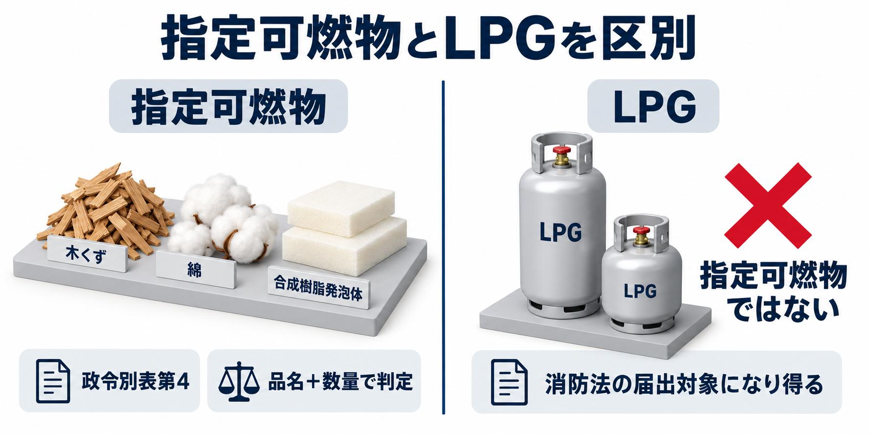 危険物：指定可燃物とLPGを区別のアイソメ図解