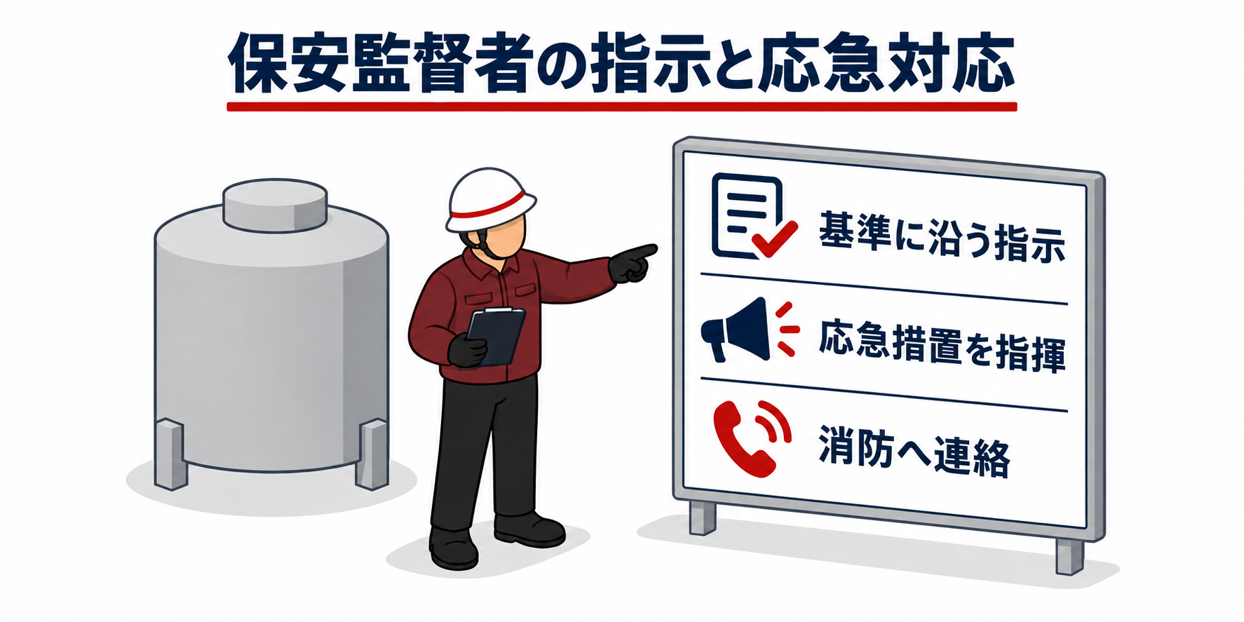 危険物：保安監督者の指示と応急対応のアイソメ図解