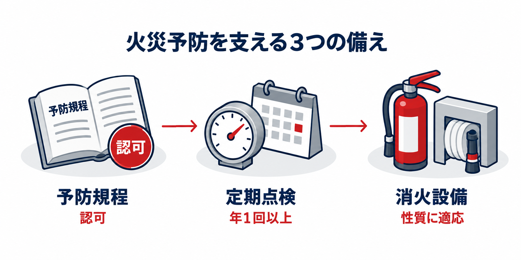危険物：火災予防を支える三つの備えのアイソメ図解