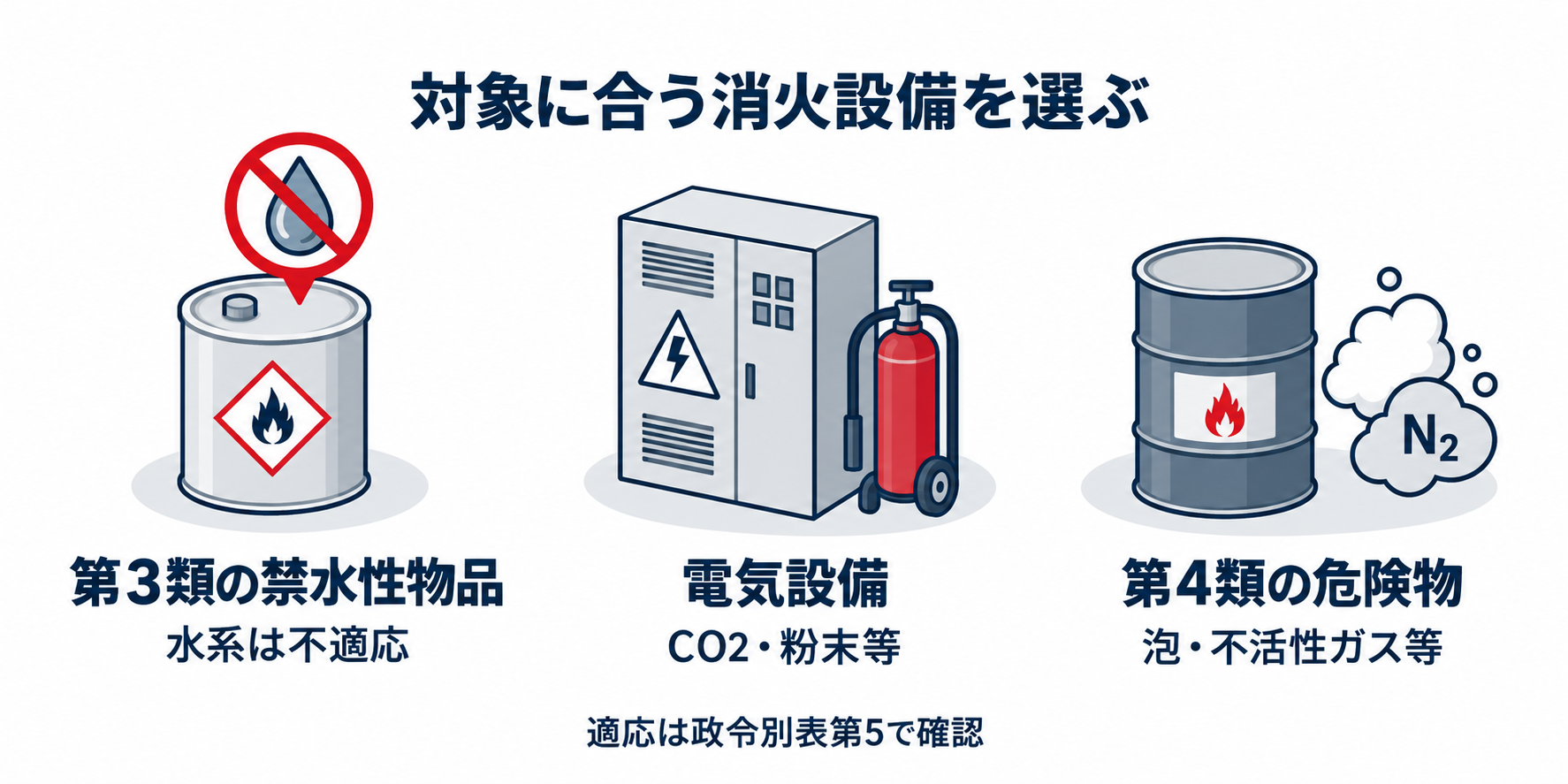 危険物：危険物・電気設備と消火設備の適応のアイソメ図解
