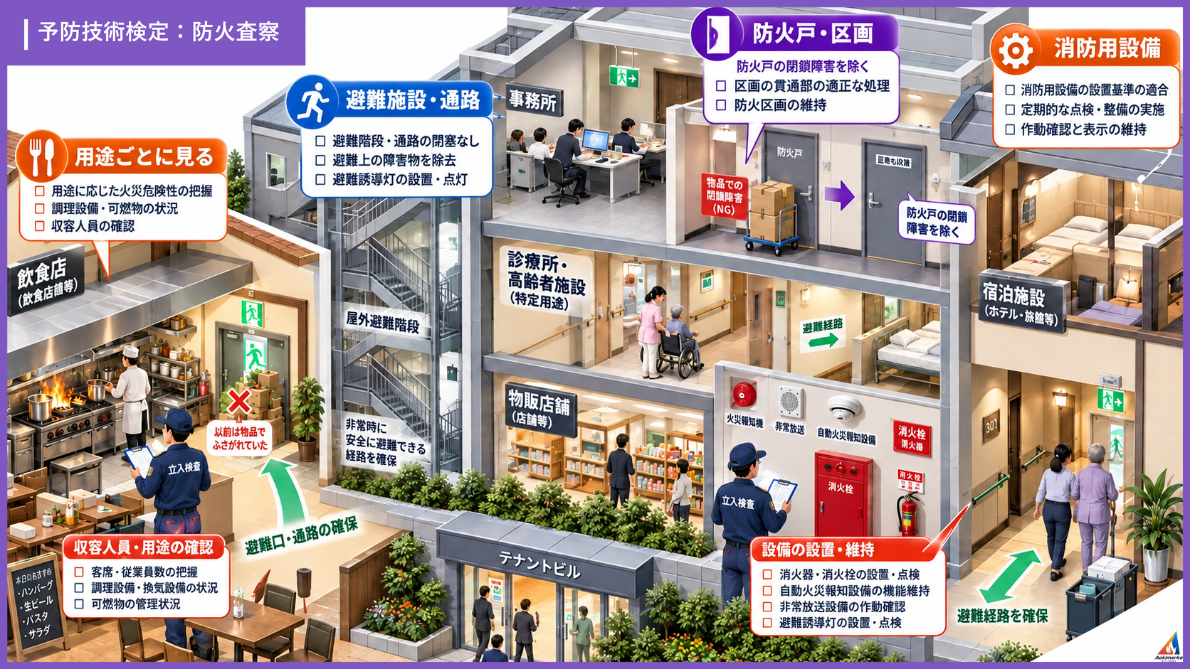 防火査察 用途別の避難と防火設備の確認