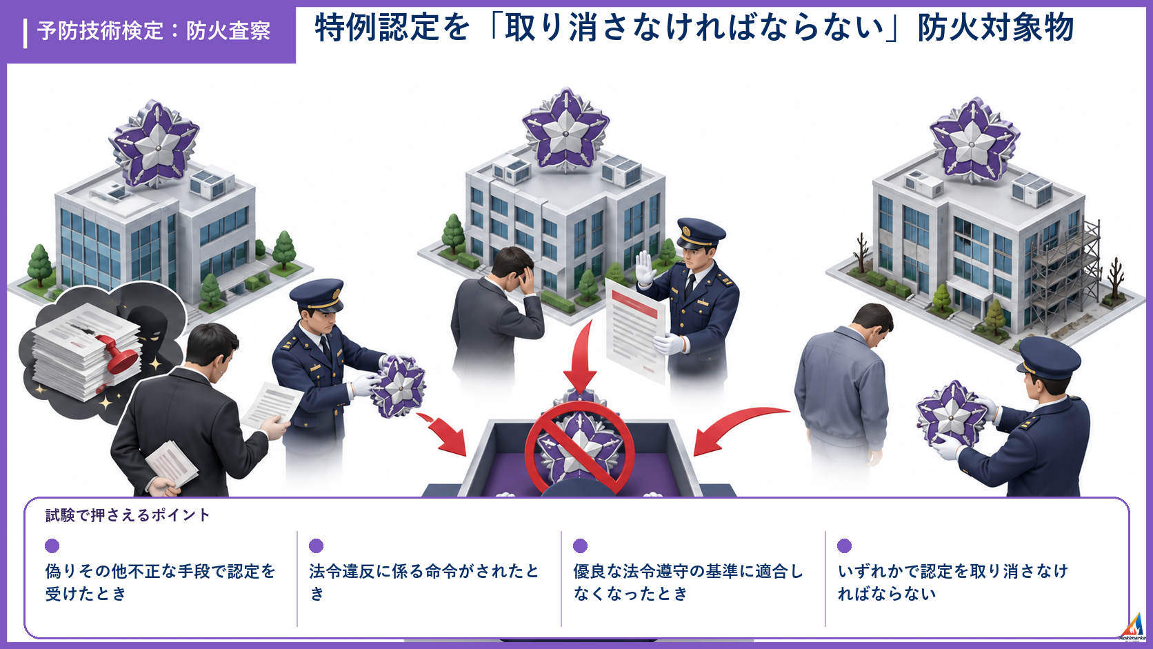 防火査察の試験ポイントを整理したアイソメ図解