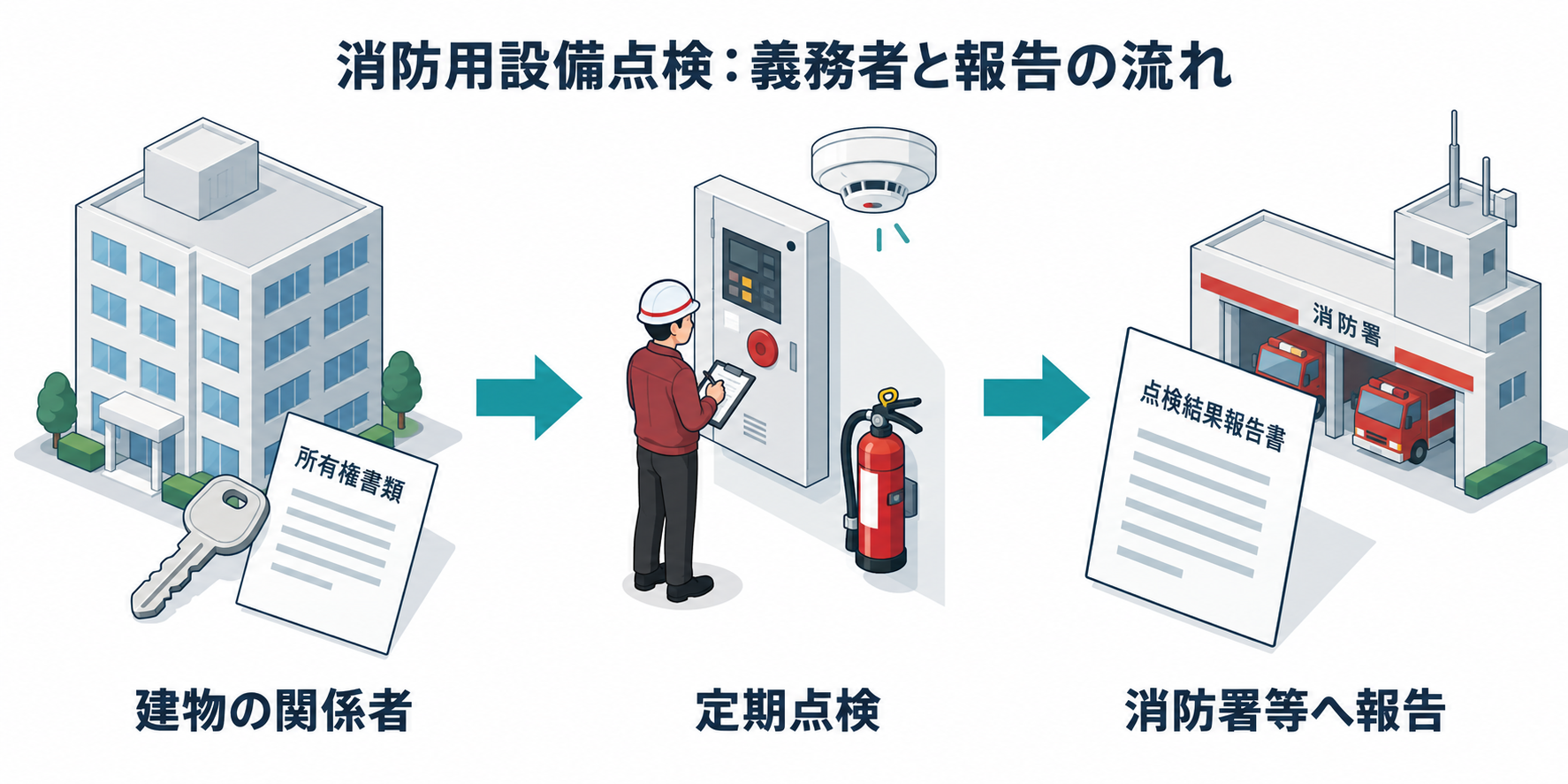 消防用設備点検：義務者と報告の流れを整理した防災屋テイストのアイソメ図解