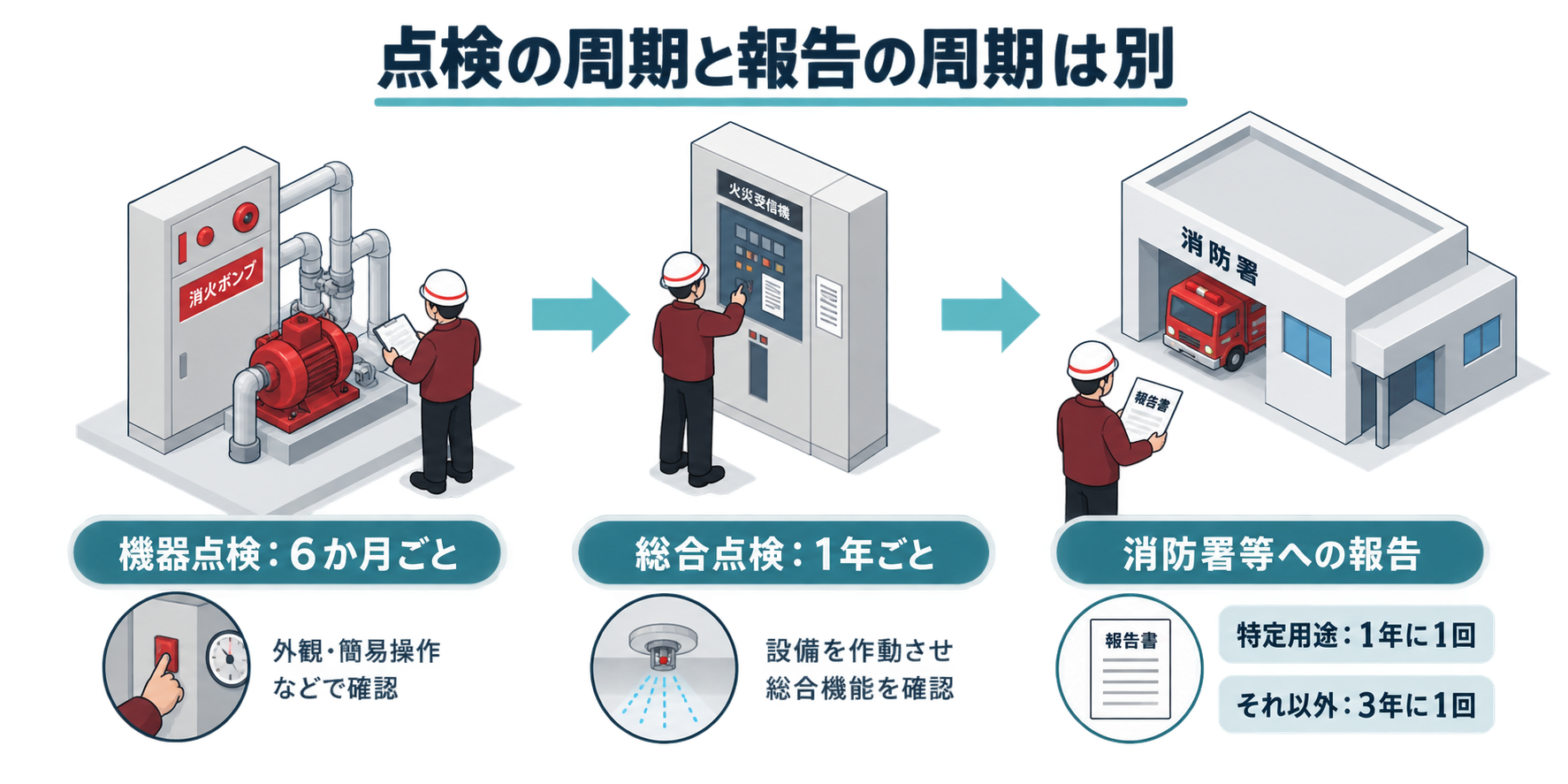 点検の周期と報告の周期は別を整理した防災屋テイストのアイソメ図解