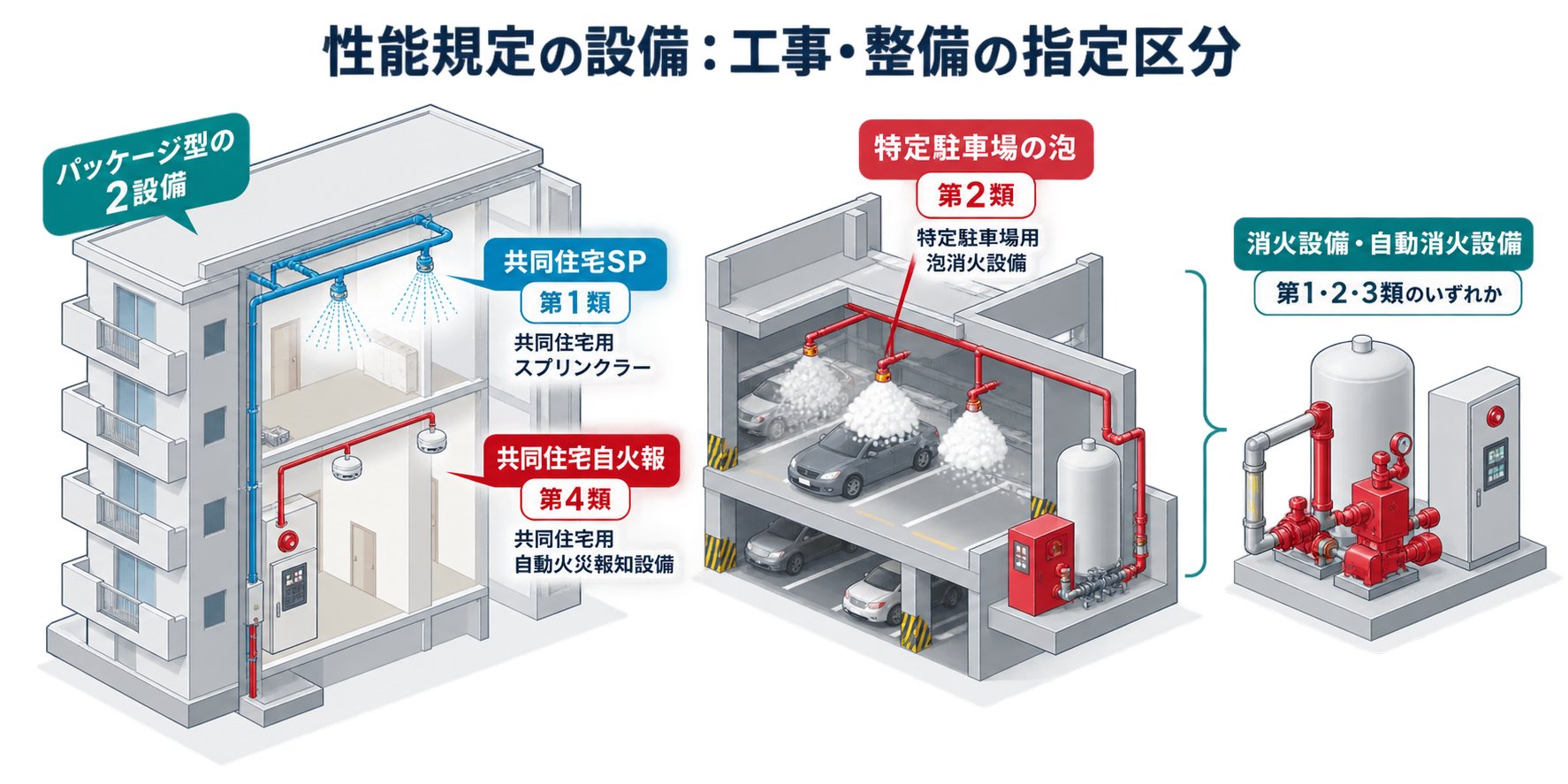 性能規定の設備：工事・整備の指定区分を整理した防災屋テイストのアイソメ図解