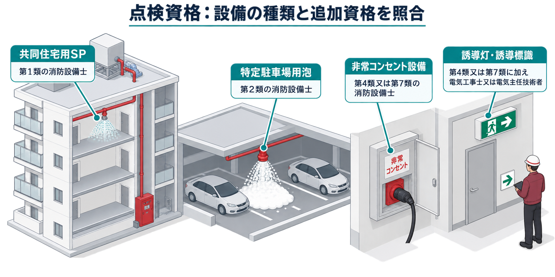 点検資格：設備の種類と追加資格を照合を整理した防災屋テイストのアイソメ図解