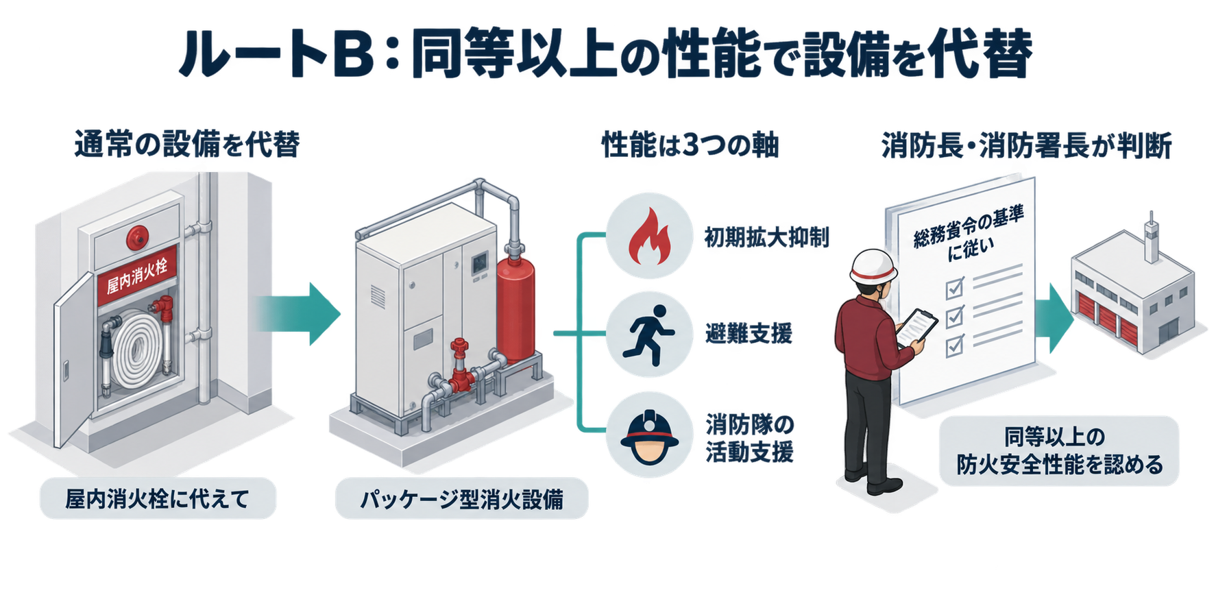 ルートB：同等以上の性能で設備を代替を整理した防災屋テイストのアイソメ図解