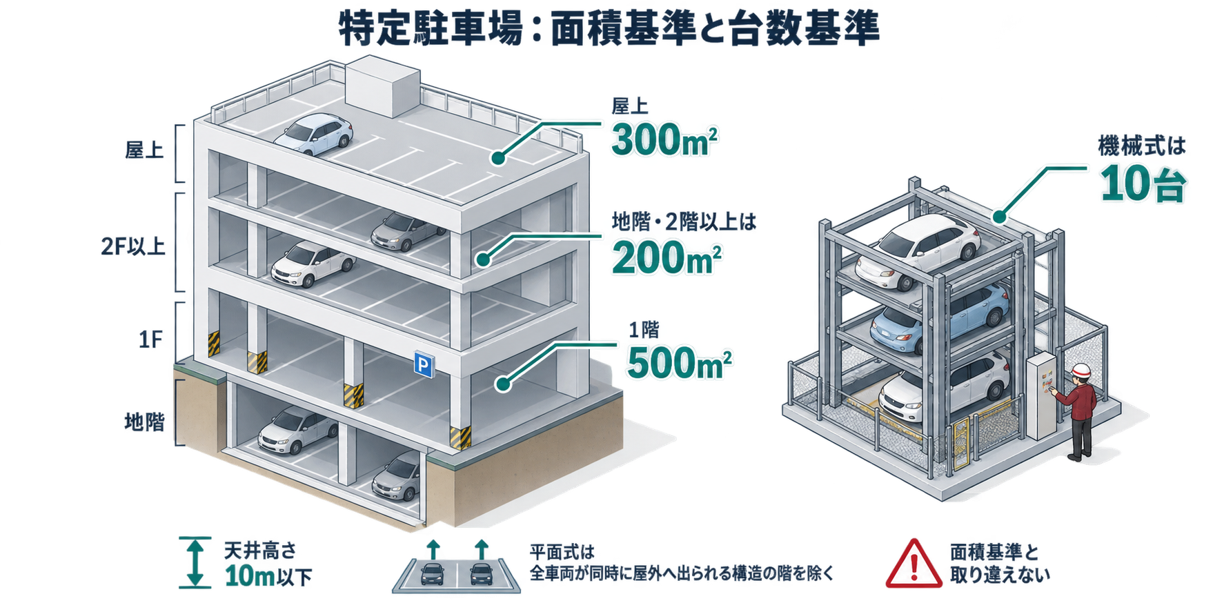 特定駐車場：面積基準と台数基準を整理した防災屋テイストのアイソメ図解